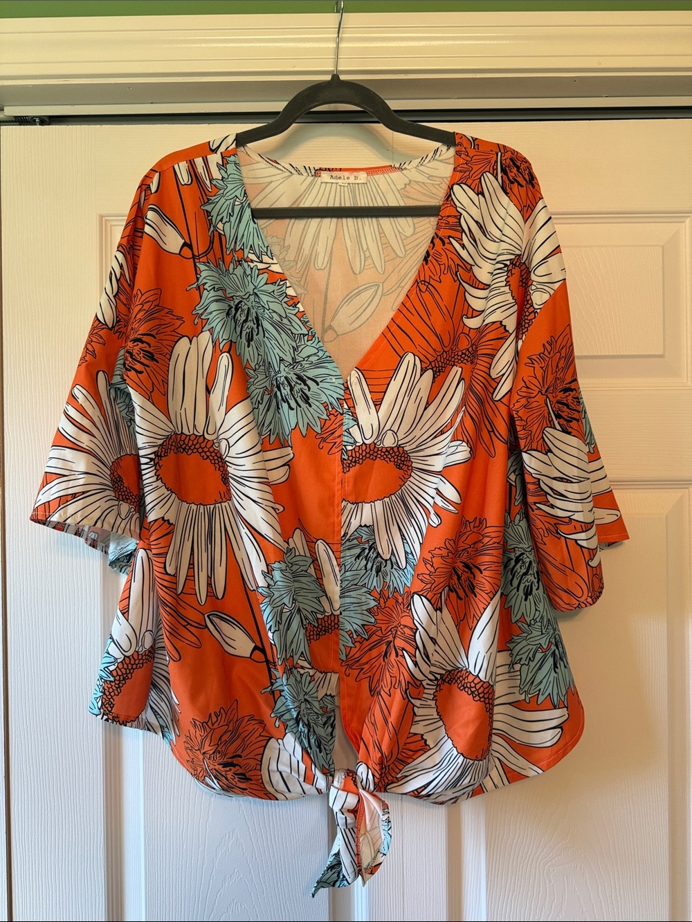 Oversized Tie-Front V-Neck Floral Blouse - Orange